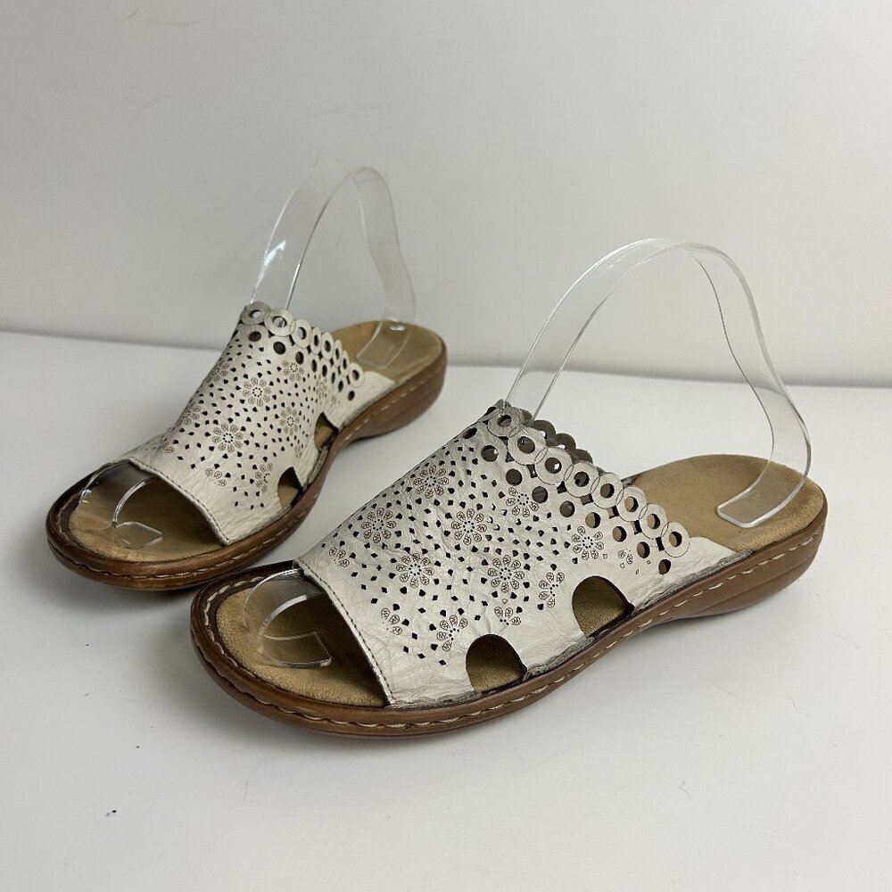 Rieker Sandals 39 US 8-8.5 Cream Beige Mule Slip On Floral Laser Cut